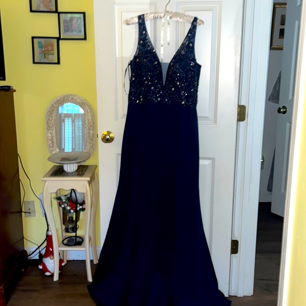 Lucci Lu Size 14 Sequined Full Length Gown. Wedding/Special Occasion. Navy